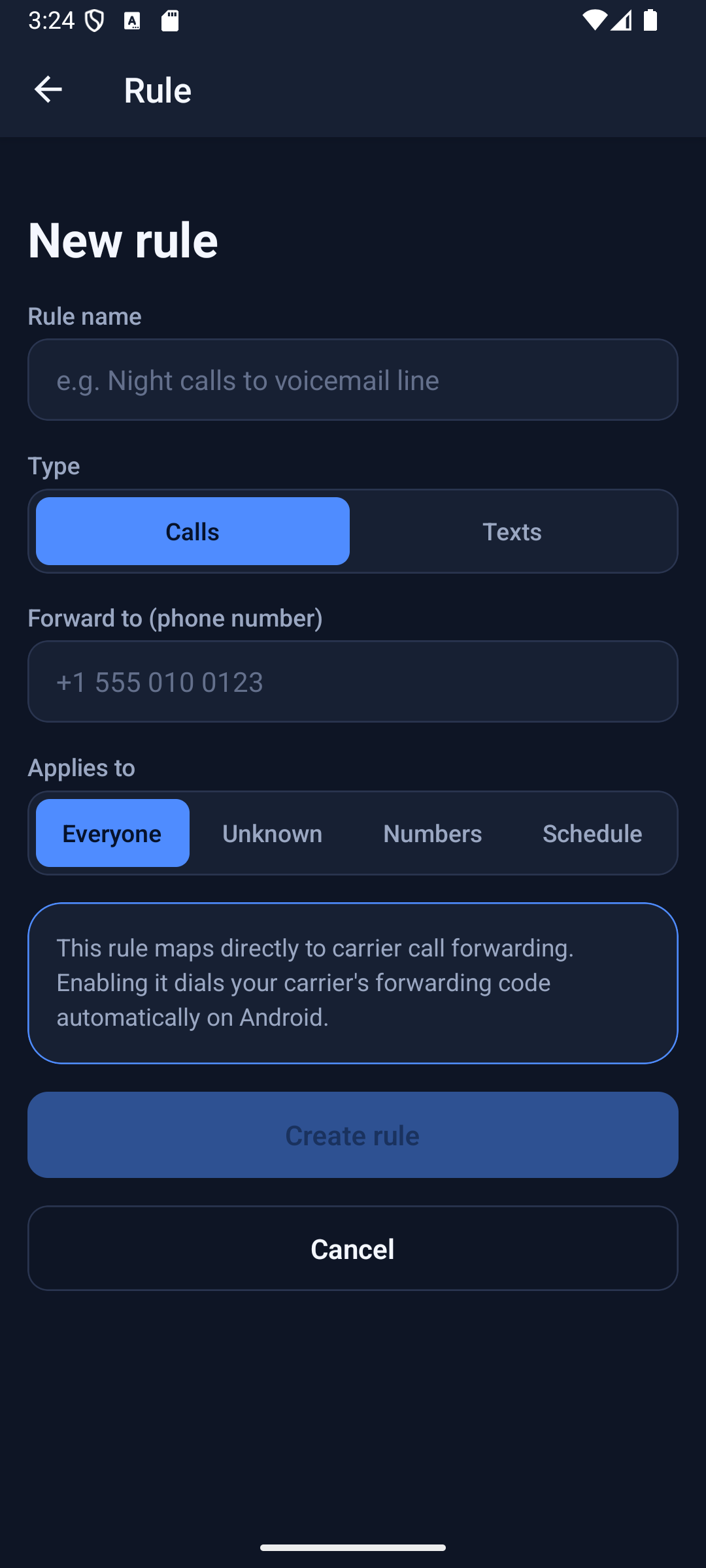 Create rule screen